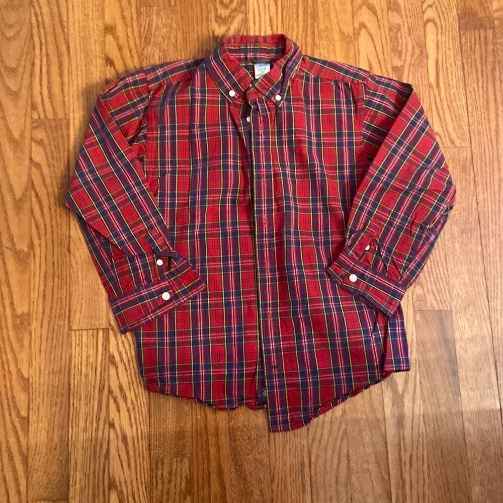 Gymboree longs sleeve button up - reds, blues, yellow, green plaid size 7-8